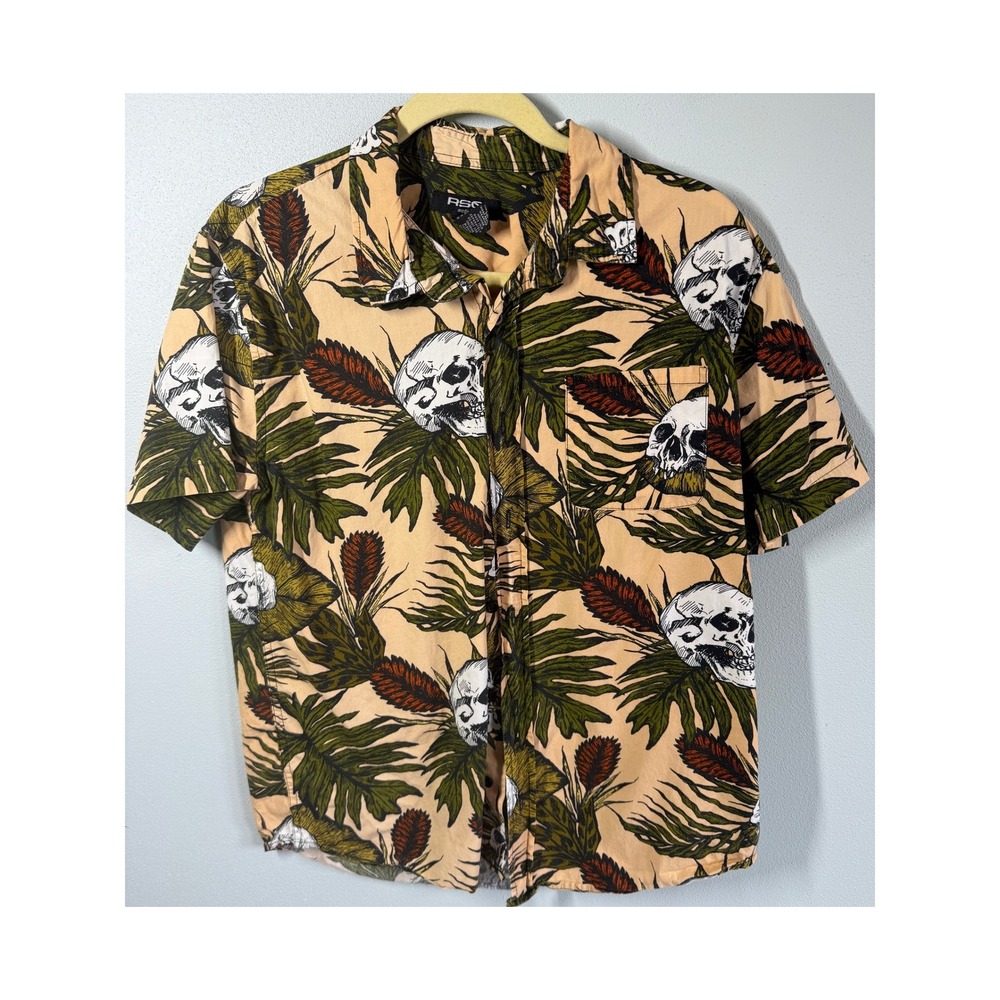 RSQ Mens Button Down Shirt Size M Tan Skull Tropical Floral Skater Streetwear